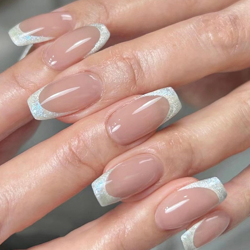 24pcs Silver glitter artificial fake nails with glue sweet cool y2k false nails with designs removeable french press on nails