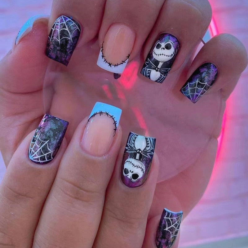 24pcs Silver glitter artificial fake nails with glue sweet cool y2k false nails with designs removeable french press on nails
