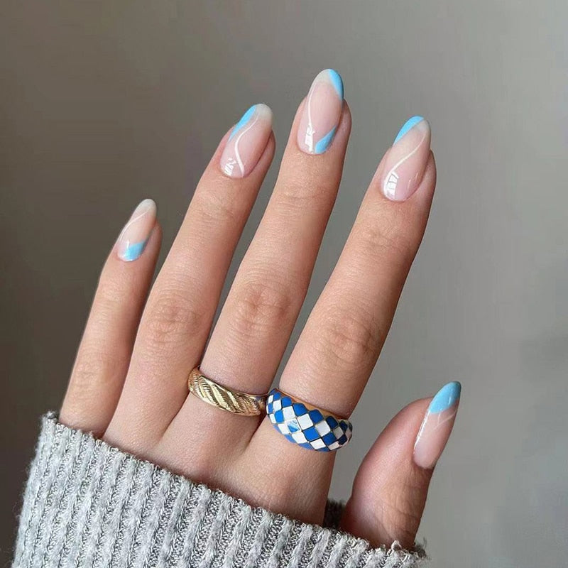 24pcs Simple Style Nail Art Colorful Lines Fake Nails In Shape Of Water Drop Press On False Nails With Glue DIY Nail Art Tips