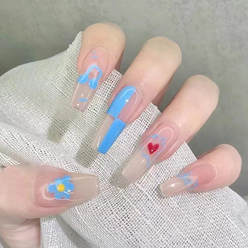 24pcs Simple Style Nail Art Colorful Lines Fake Nails In Shape Of Water Drop Press On False Nails With Glue DIY Nail Art Tips
