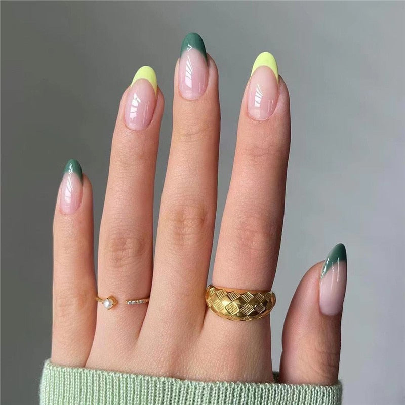 24pcs Simple Style Nail Art Colorful Lines Fake Nails In Shape Of Water Drop Press On False Nails With Glue DIY Nail Art Tips