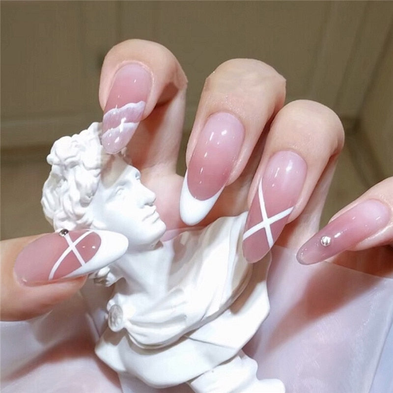 24pcs Simple Style Nail Art Colorful Lines Fake Nails In Shape Of Water Drop Press On False Nails With Glue DIY Nail Art Tips