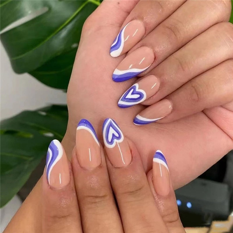 24pcs Simple Style Nail Art Colorful Lines Fake Nails In Shape Of Water Drop Press On False Nails With Glue DIY Nail Art Tips
