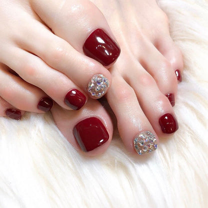 24pcs Summer Press on Toe Nails Fake Nail Tips with Designs Matte Set Red Rhinestone Reusable False Stick-on Nails Art