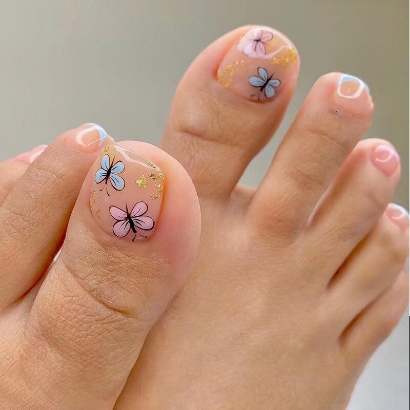 24pcs Summer Press on Toe Nails Fake Nail Tips with Designs Matte Set Red Rhinestone Reusable False Stick-on Nails Art