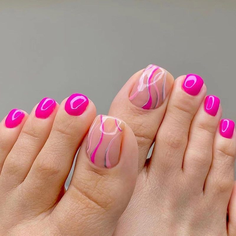 24pcs Summer Press on Toe Nails Fake Nail Tips with Designs Matte Set Red Rhinestone Reusable False Stick-on Nails Art