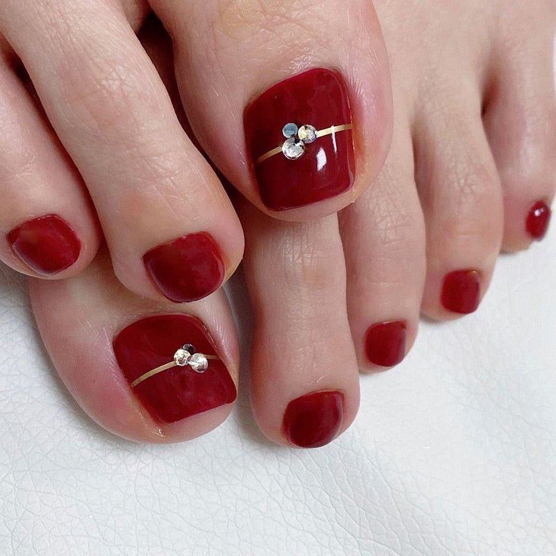 24pcs Summer Press on Toe Nails Fake Nail Tips with Designs Matte Set Red Rhinestone Reusable False Stick-on Nails Art