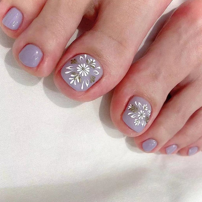24pcs Summer Press on Toe Nails Fake Nail Tips with Designs Matte Set Red Rhinestone Reusable False Stick-on Nails Art