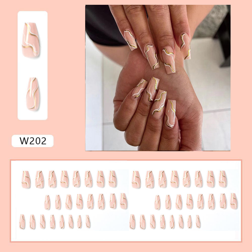 24pcs Wearable Fake Nails Blue Smudged Medium Long Coffin Gold Foil False Nails Full Cover Nail Tips Set Press On Nails DIY Tool