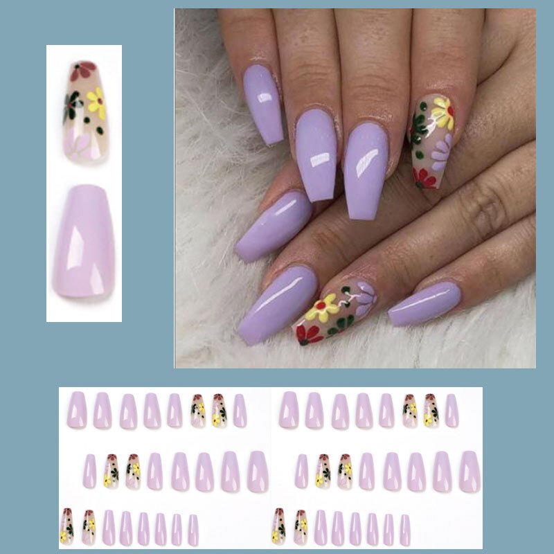 24pcs Wearable Fake Nails Blue Smudged Medium Long Coffin Gold Foil False Nails Full Cover Nail Tips Set Press On Nails DIY Tool