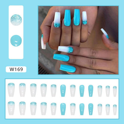 24pcs Wearable Fake Nails Blue Smudged Medium Long Coffin Gold Foil False Nails Full Cover Nail Tips Set Press On Nails DIY Tool