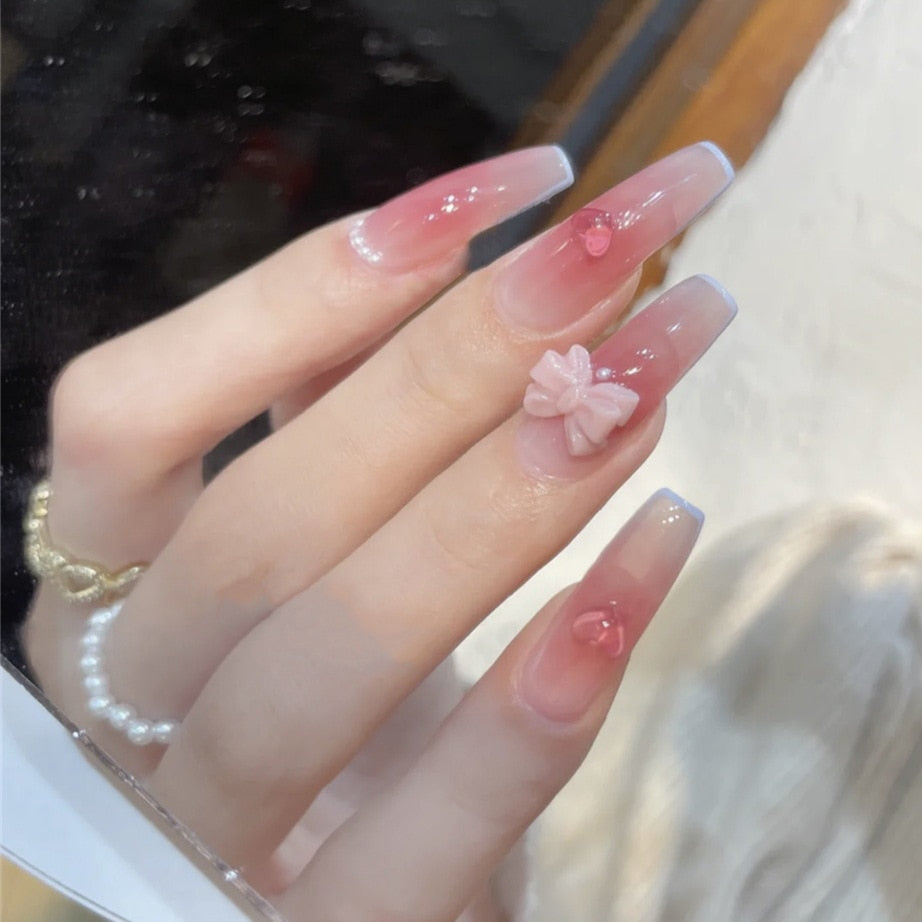 24pcs Wearable Pink Press On Fake Nails Tips With Glue false nails design Butterfly Lovely Girl false nails With Wearing Tools