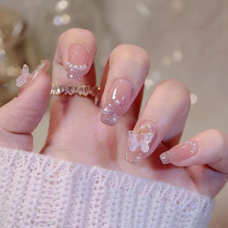 24pcs Wearable Pink Press On Fake Nails Tips With Glue false nails design Butterfly Lovely Girl false nails With Wearing Tools