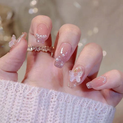 24pcs Wearable Pink Press On Fake Nails Tips With Glue false nails design Butterfly Lovely Girl false nails With Wearing Tools