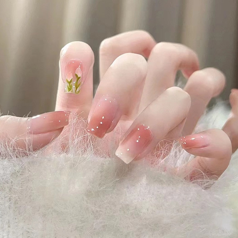 24pcs Wearable Pink Press On Fake Nails Tips With Glue false nails design Butterfly Lovely Girl false nails With Wearing Tools