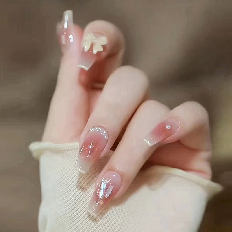 24pcs Wearable Pink Press On Fake Nails Tips With Glue false nails design Butterfly Lovely Girl false nails With Wearing Tools