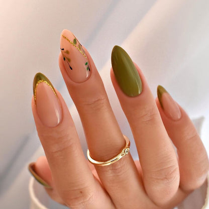 24pcs Wearable Short Round Head Sparkling French fake nails with glue Full Cover Almond Press On False Nails with Waves Stripes
