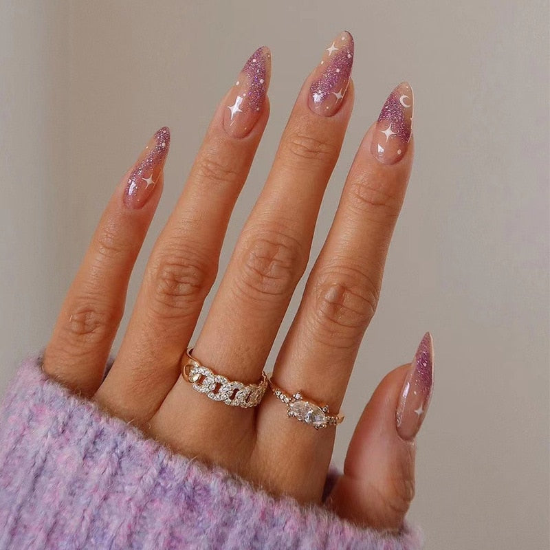 24pcs Wearable Short Round Head Sparkling French fake nails with glue Full Cover Almond Press On False Nails with Waves Stripes