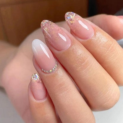 24pcs Wearable Short Round Head Sparkling French fake nails with glue Full Cover Almond Press On False Nails with Waves Stripes