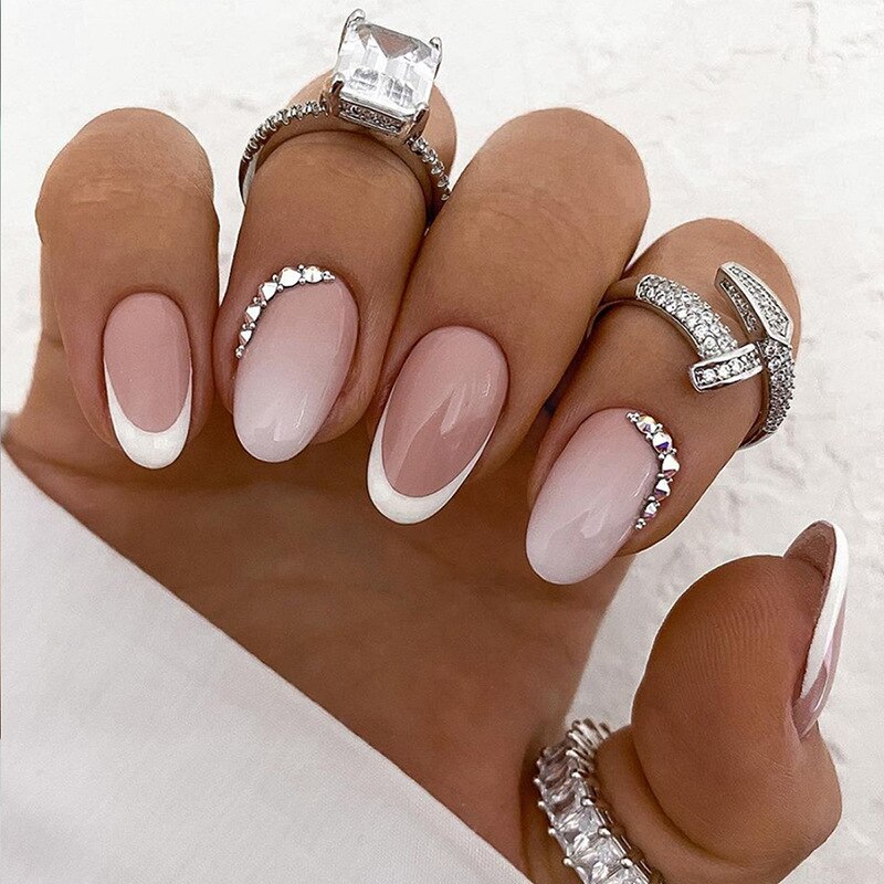 24pcs Wearable Short Round Head Sparkling French fake nails with glue Full Cover Almond Press On False Nails with Waves Stripes