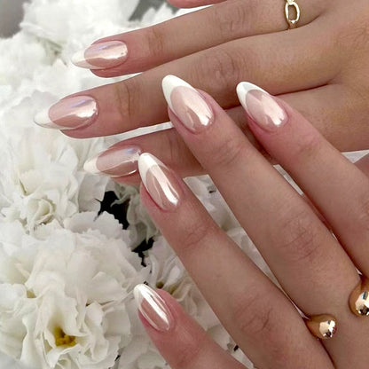 24pcs Wearable Short Round Head Sparkling French fake nails with glue Full Cover Almond Press On False Nails with Waves Stripes