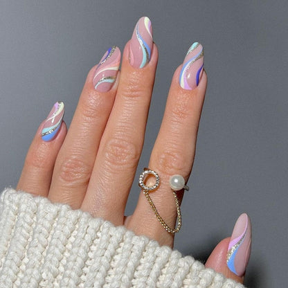24pcs Wearable Short Round Head Sparkling French fake nails with glue Full Cover Almond Press On False Nails with Waves Stripes