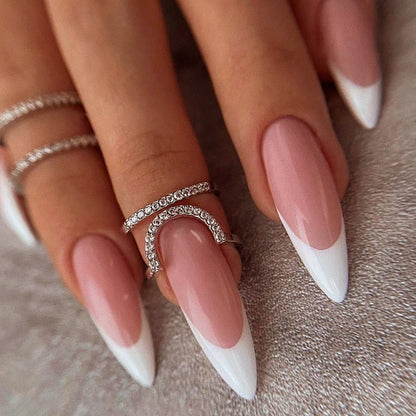 24pcs Wearable Short Round Head Sparkling French fake nails with glue Full Cover Almond Press On False Nails with Waves Stripes