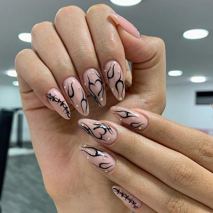 24pcs Wearable Short Round Head Sparkling French fake nails with glue Full Cover Almond Press On False Nails with Waves Stripes