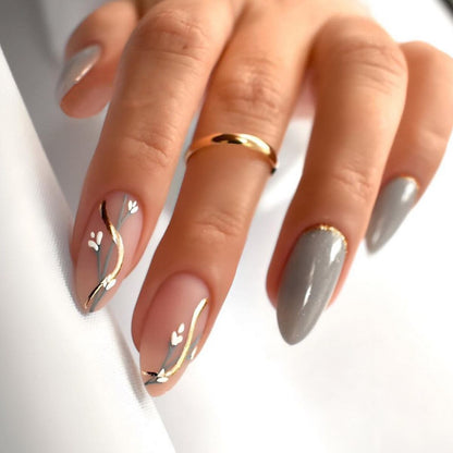 24pcs Wearable Short Round Head Sparkling French fake nails with glue Full Cover Almond Press On False Nails with Waves Stripes