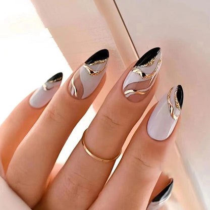 24pcs Wearable Short Round Head Sparkling French fake nails with glue Full Cover Almond Press On False Nails with Waves Stripes