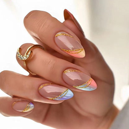24pcs Wearable Short Round Head Sparkling French fake nails with glue Full Cover Almond Press On False Nails with Waves Stripes