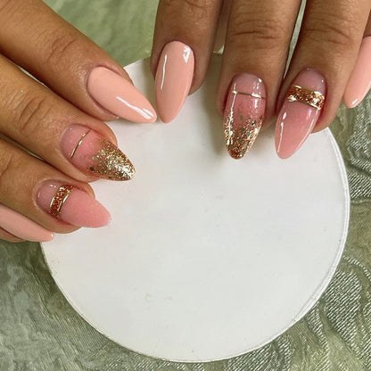 24pcs Wearable Short Round Head Sparkling French fake nails with glue Full Cover Almond Press On False Nails with Waves Stripes