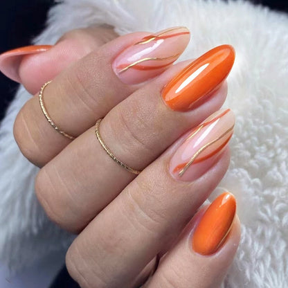 24pcs Wearable Short Round Head Sparkling French fake nails with glue Full Cover Almond Press On False Nails with Waves Stripes