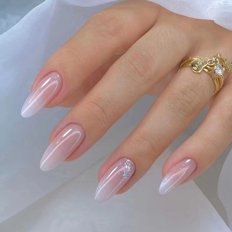 24pcs Wearable Short Round Head Sparkling French fake nails with glue Full Cover Almond Press On False Nails with Waves Stripes