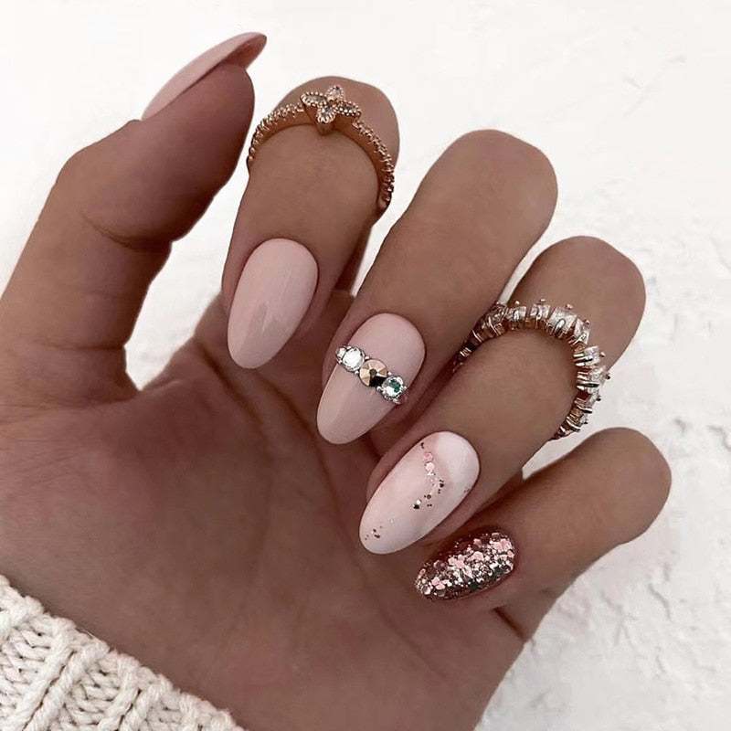 24pcs Wearable Short Round Head Sparkling French fake nails with glue Full Cover Almond Press On False Nails with Waves Stripes