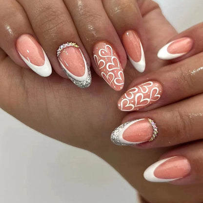 24pcs Wearable Short Round Head Sparkling French fake nails with glue Full Cover Almond Press On False Nails with Waves Stripes