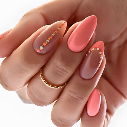 24pcs Wearable Short Round Head Sparkling French fake nails with glue Full Cover Almond Press On False Nails with Waves Stripes