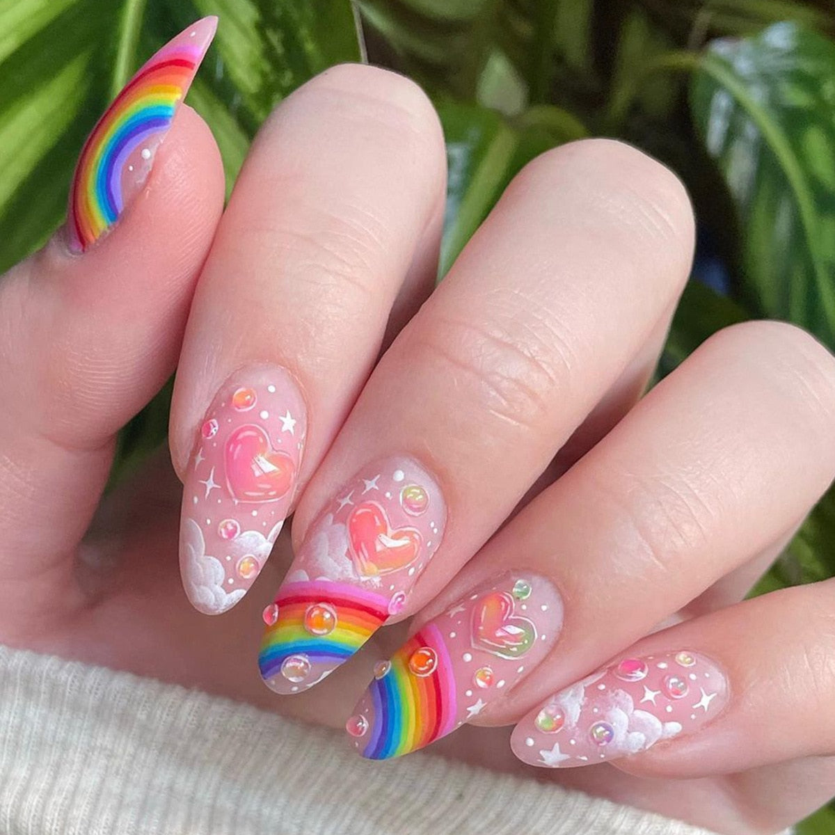 24pcs Wearable Short Round Head Sparkling French fake nails with glue Full Cover Almond Press On False Nails with Waves Stripes