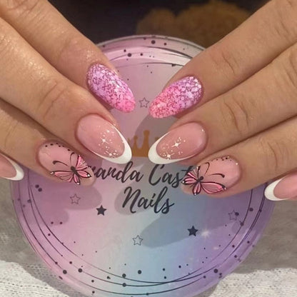 24pcs Wearable Short Round Head Sparkling French fake nails with glue Full Cover Almond Press On False Nails with Waves Stripes
