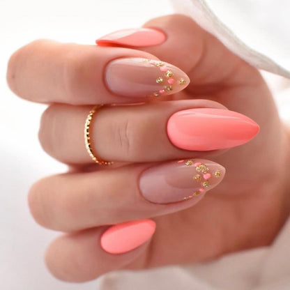 24pcs Wearable Short Round Head Sparkling French fake nails with glue Full Cover Almond Press On False Nails with Waves Stripes