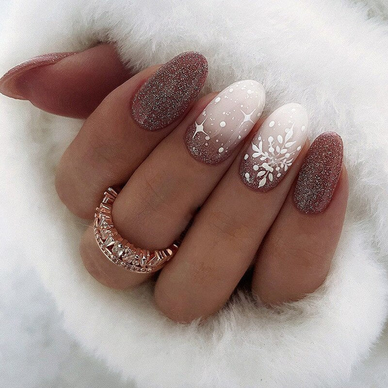 24pcs Wearable Short Round Head Sparkling French fake nails with glue Full Cover Almond Press On False Nails with Waves Stripes