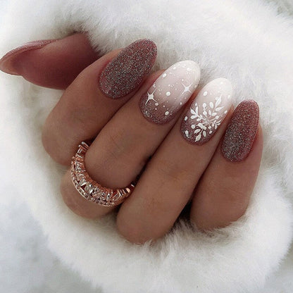 24pcs Wearable Short Round Head Sparkling French fake nails with glue Full Cover Almond Press On False Nails with Waves Stripes