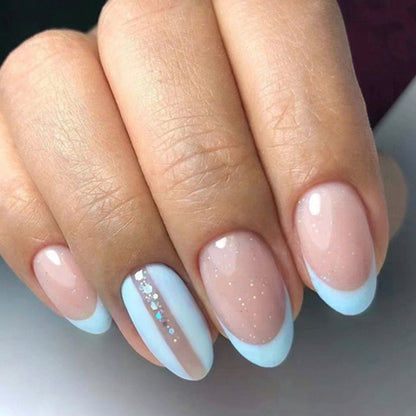24pcs Wearable Short Round Head Sparkling French fake nails with glue Full Cover Almond Press On False Nails with Waves Stripes