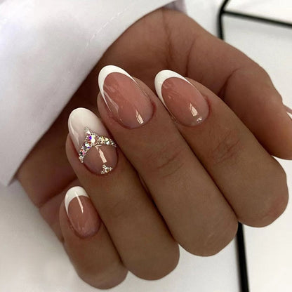 24pcs Wearable Short Round Head Sparkling French fake nails with glue Full Cover Almond Press On False Nails with Waves Stripes