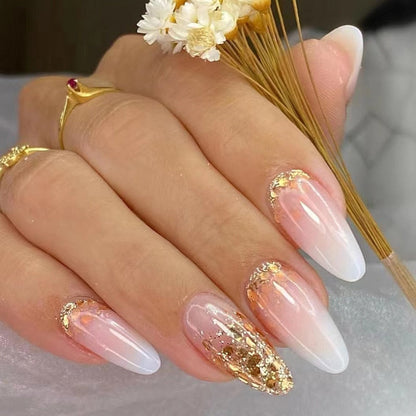 24pcs Wearable Short Round Head Sparkling French fake nails with glue Full Cover Almond Press On False Nails with Waves Stripes