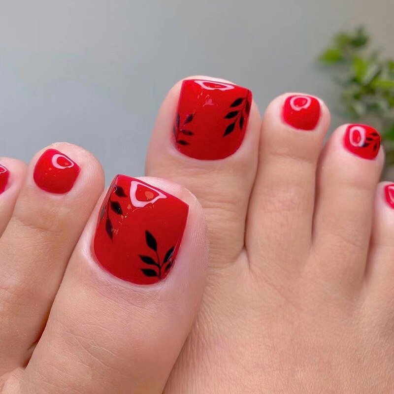 24pcs Wine Red Grid Seamless Removable Fake Toe Nails Reusable Acrylic Press On Nail Tips Full Cover Waterproof False Toenails
