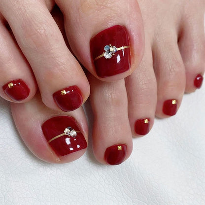 24pcs Wine Red Grid Seamless Removable Fake Toe Nails Reusable Acrylic Press On Nail Tips Full Cover Waterproof False Toenails