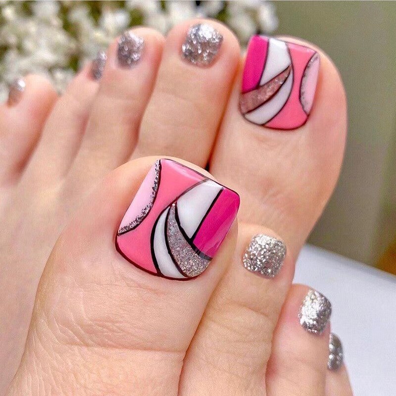 24pcs Wine Red Grid Seamless Removable Fake Toe Nails Reusable Acrylic Press On Nail Tips Full Cover Waterproof False Toenails