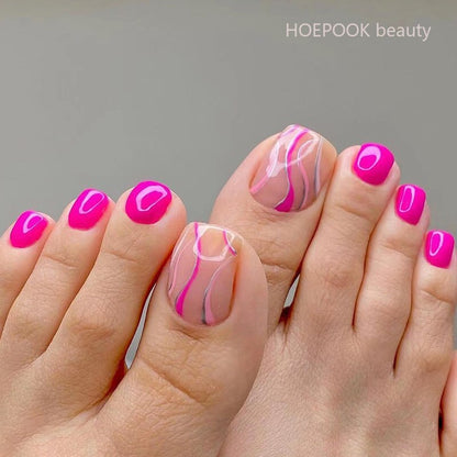 24pcs Wine Red Grid Seamless Removable Fake Toe Nails Reusable Acrylic Press On Nail Tips Full Cover Waterproof False Toenails