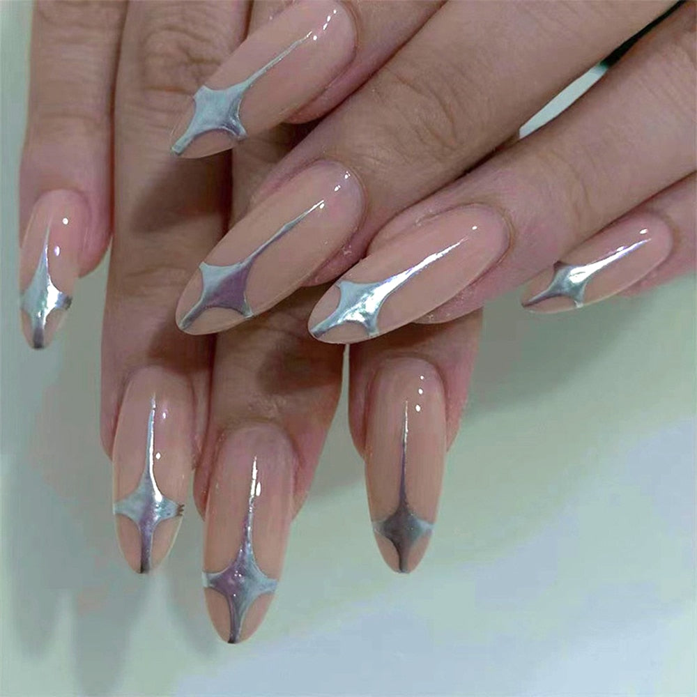 24pcs/box Fake French y2k Nails Press On Long Stiletto Almond Shape Wearable False Nails With Stars Designs Full Cover Nail Tips